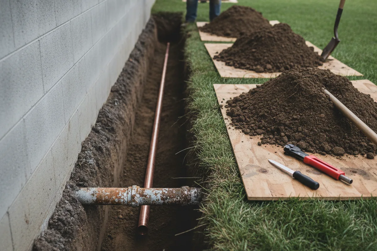 Excavated water line trench during Water Heater Repair in Oneco